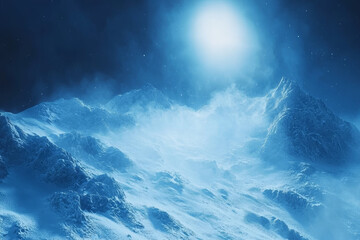 Moonlit, snow-covered peaks; icy, windswept landscape under a starry night.