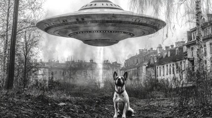 A surreal monochrome scene featuring a dog sitting calmly beneath an imposing UFO, invoking themes of curiosity, cosmic wonder, and the unknown in an eerie landscape.