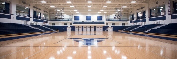 Fototapeta premium Bright and inviting gymnasium with polished wooden floors ready for events. Generative AI