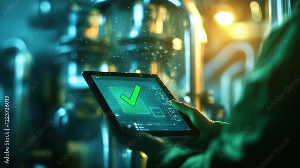 Aufkleber an engineers fingers meticulously scroll over a digital tablet screen that proudly presents a green 