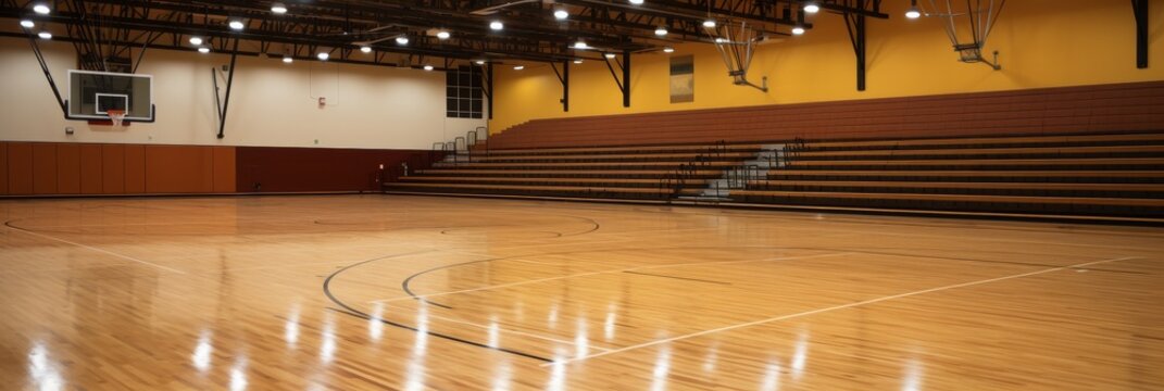 Bright and empty gymnasium ready for practice and competition enjoyment. Generative AI