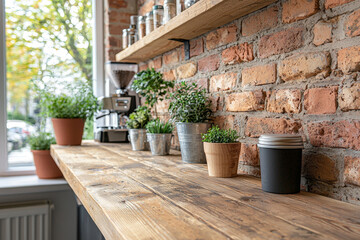 Fototapeta premium Rustic wooden counter with potted herbs, against a brick wall.