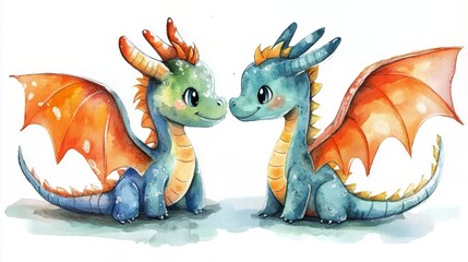 Obraz premium Two adorable watercolor dragons, a captivating illustration for children.