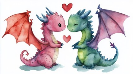 Obraz premium Watercolor Dragons in Love: A Cute Fantasy Couple