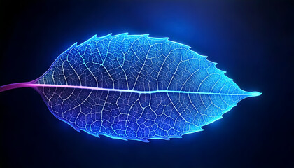 A digitally enhanced image of a leaf with intricate vein patterns glowing in blue light against a dark background, showcasing the beauty and complexity of nature through a futuristic lens.