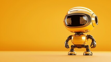 Retro robot with riveted body panels, showcasing intricate circuitry details, standing on a vivid yellow field, reflecting a timeless mechanical charm