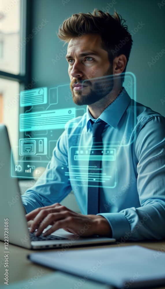 Aufkleber Businessman uses laptop for document management system. Modern tech tools for efficient online documentation. Person works at office desk using virtual online database for automation. Focus on