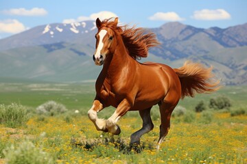 Majestic chestnut horse galloping through vibrant meadow under blue sky. Generative AI