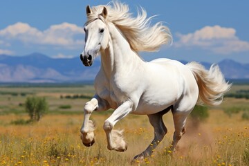 Obraz premium Majestic white horse galloping freely across a vibrant meadow landscape. Generative AI