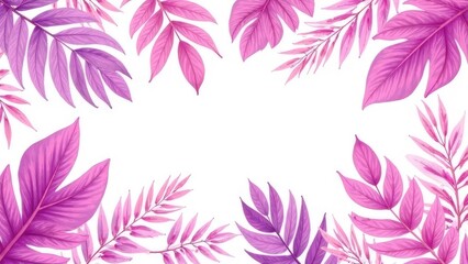 A vibrant arrangement of pink and purple leaves borders a white space, creating a frame.
Concept of botanical frame.