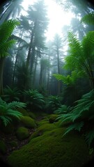 Fototapeta premium Foggy Forest Path and Lush Greenery