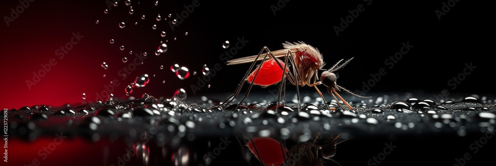Aufkleber intricate details of a mosquito interacting with droplets on a reflective surface. generative ai