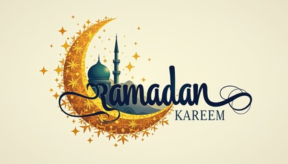 Vibrant Ramadan Kareem Greeting Card Design: Crescent Moon, Mosque, Stars, White Background