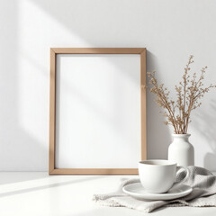 Minimalist stock photo featuring an empty photo frame, cup, and vase with dry decorative spikes on a white table. Perfect for design mockups.