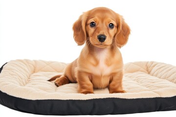 Adorable dachshund puppy with warm brown fur sitting comfortably on a soft beige blanket surrounded by dark cushions and a pure white backdrop