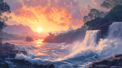 Fototapeta premium Cambodian sunset paints the sky as crashing waves thunder against the rocky shore, a breathtaking panorama. Thunder Shore. Illustration