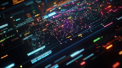 Fototapeta premium An intense closeup of a highresolution screen displaying a network of interlinked nodes and pathways symbolizing AIdriven insights in a streamlined analysis dashboard with luminous