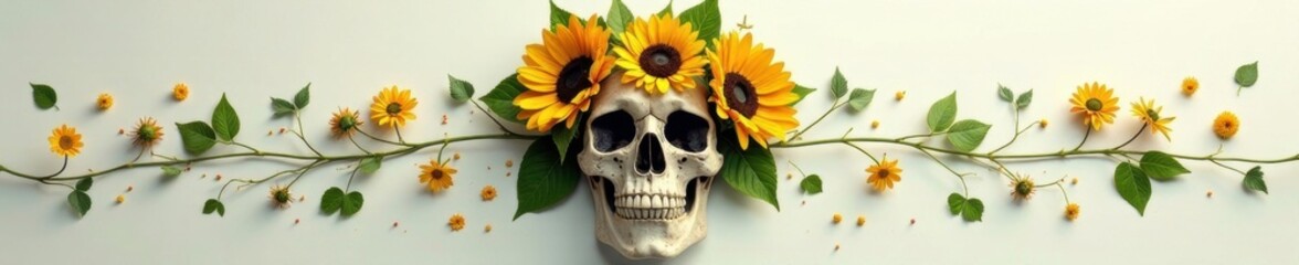 Obraz premium Skull with a wreath made of sunflowers and leaves, greenery, organic