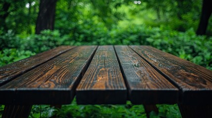 Fototapeta premium Wet wooden picnic table, forest background, product display
