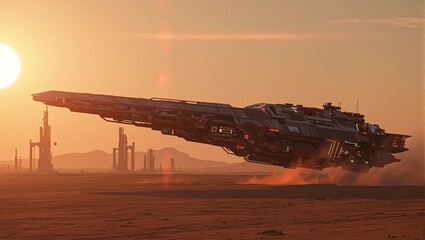 Futuristic alien spaceship landed in desert at sunset reflecting hues with glowing structures in background