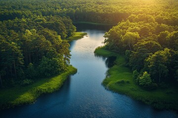 Obraz premium An aerial photograph depicting a serene lake and its surroundings of dense green forest during the day