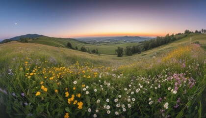 Fototapeta premium Sunset and Moonlight Over Flower Meadow
