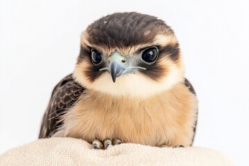 Fototapeta premium Elegant falcon with deep black wings and warm brown chest feathers perched on soft glove against pure white sky
