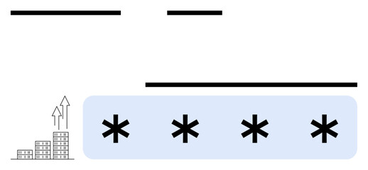 Secure password field with asterisks, growth bar chart with arrow, minimal lines. Ideal for cyber security, data growth, authentication, online safety, finance, growth trends abstract line flat