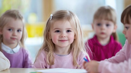 Fototapeta premium Preschool children drawing together in classroom
