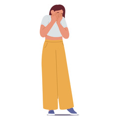 Crying young woman cartoon character covering face with palms feeling frustrated and lonely