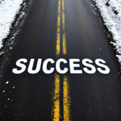 Inspirational success text painted on a snowy asphalt road, perfect for motivational, business, and achievement themes.