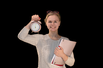 Happy Student Holding Alarm Clock and Notebooks for Time Management