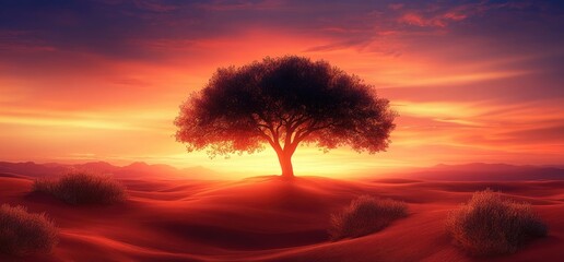 Fototapeta premium Solitary tree sunset desert landscape; peaceful nature scene, ideal for meditation or travel themes