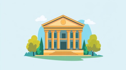 Hand drawn cute cartoon illustration of courthouse. Flat vector court building doodle. Facade with column icon or print. Justice and law concept. Control and order. Government legislation. Isolated.