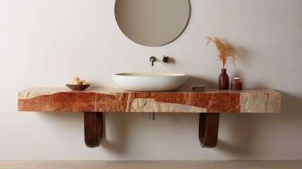 Elegant stone basin on a polished wooden support in a modern bathroom setting. Generative AI