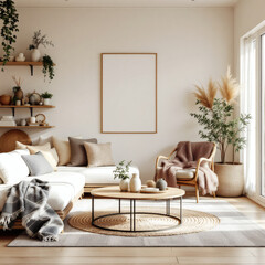 A beautifully designed Scandinavian living room featuring natural materials, warm color schemes, and stylish decor, perfect for home interior mockups.