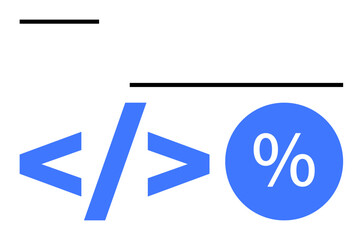 Blue coding brackets and percentage symbol aligned with black lines. Ideal for tech concepts, software development, web design, programming education, data analytics, minimalism in design, abstract