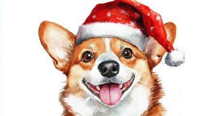 Watercolor Painting of a Happy Corgi Wearing a Santa Hat