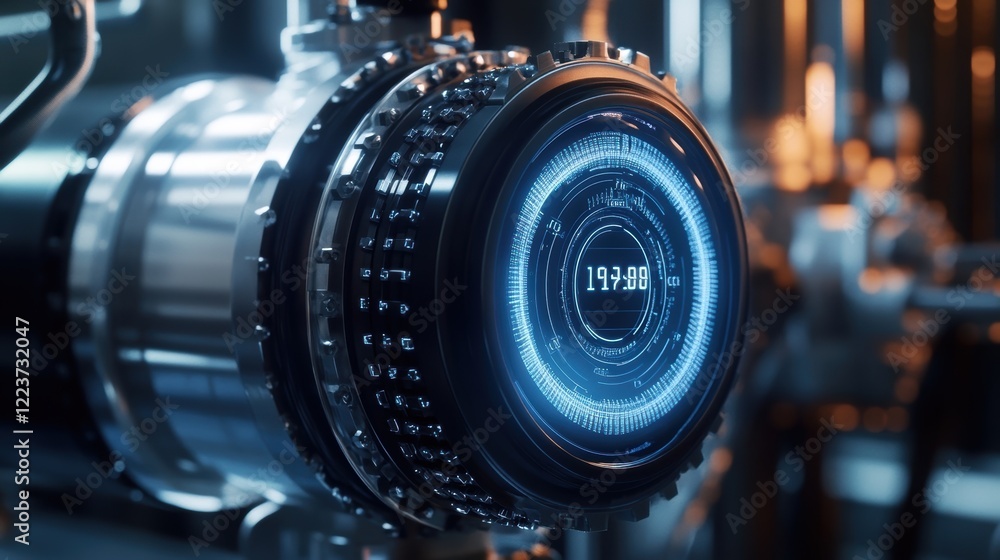 Poster a closeup of a large industrial pump featuring pressure sensors and a compact display that provides 