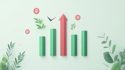 Graph going Up and Down sign with green and red arrows vector. Flat design vector illustration concept of sales bar chart symbol icon with arrow moving down and sales bar chart with arrow moving up.