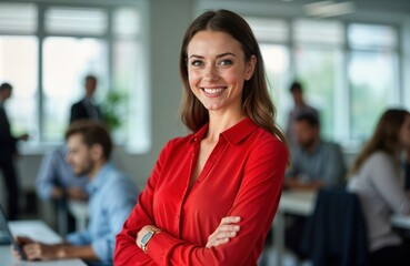 Confident young woman in modern office. Wears vibrant red blouse. Colleagues work in friendly atmosphere. Contemporary office design. Businesswoman in pro setting. Casual attire. Teamwork. Positive