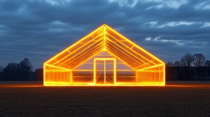 Fototapeta premium A colossal white shed bathed in golden exterior lights, its reflective surfaces shining softly, placed in an empty open ground under a cloudy evening sky