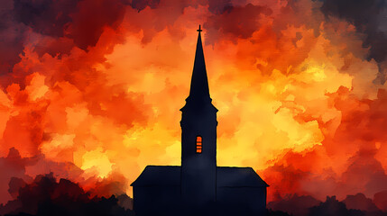 Fototapeta premium Majestic church steeple reaching towards the sky in a glowing watercolor sunset landscape the building s silhouette stands out against the vibrant fiery hues of the sky. Twilight Spire. Illustration