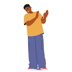 Teenage guy cartoon character gesturing denial, stop and protection of personal boundaries sign