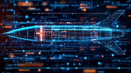 A detailed 2D blueprint of a futuristic rocket design, displayed on a clipboard with technical annotations, sketches, and measurement lines