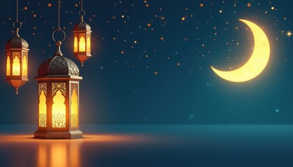 Peaceful Ramadan Night Scene: Lanterns Against a Starry Moonlit Sky
