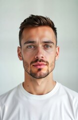 Fototapeta premium Close-up portrait of man on white background. Young adult male with short brown hair, light beard. Wears plain white T-shirt. Serious expression on face. Suitable for identity documents like