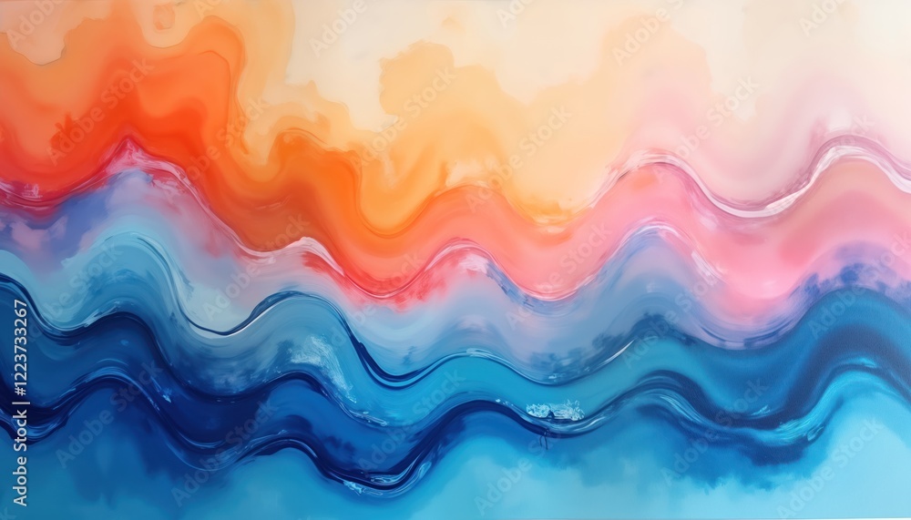 Poster abstract art piece with vibrant colors. oil paint strokes create wavy patterns. blue, orange colors 