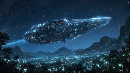 Obraz premium Crystalline spaceship landing on alien planet with glowing flora