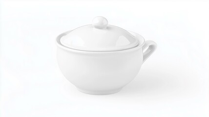 Photorealistic image of a ceramic white sugar bowl with a matching lid, isolated on a white background
